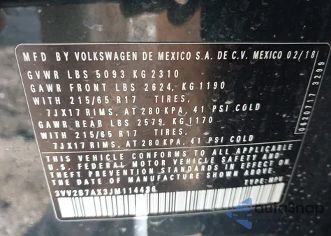 2018 Volkswagen Tiguan 2.0T Se/2.0T Sel z USA, uszkodzony, nr VIN 3VV2B7AX3JM114436